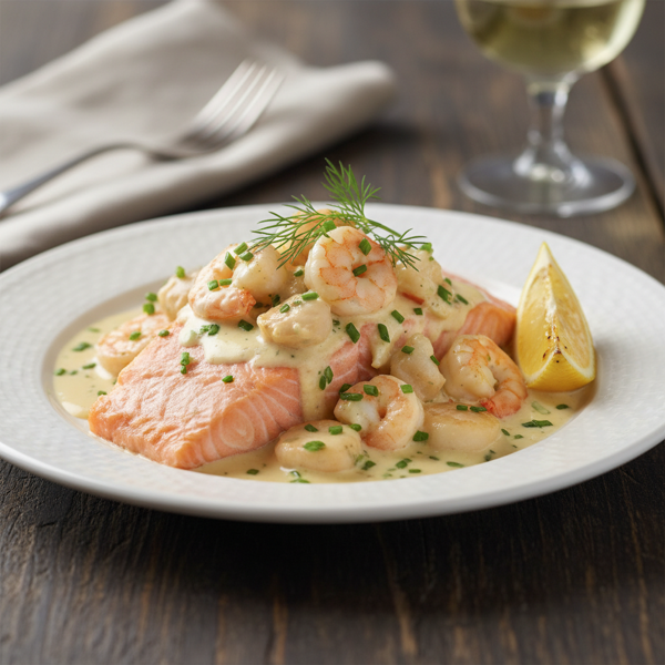 Gourmet Poached Salmon with Creamy Seafood Sauce recipe