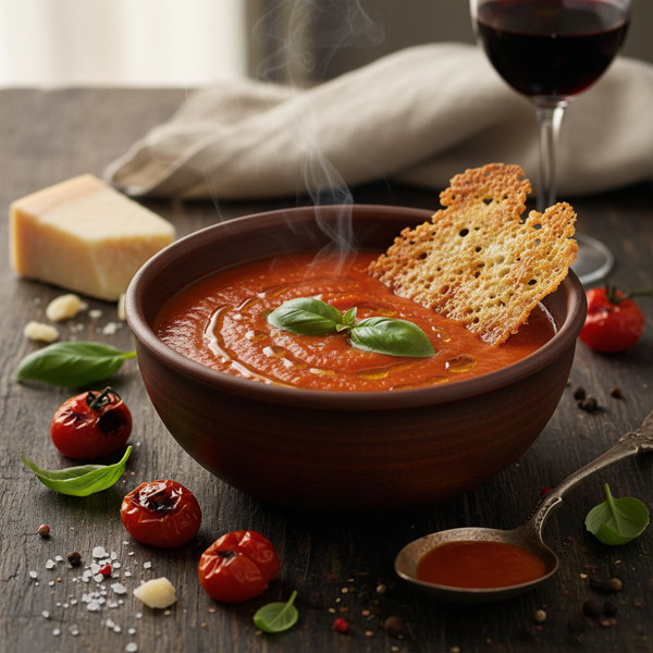 Gourmet Roasted Tomato Basil Soup with Parmesan Crisp recipe