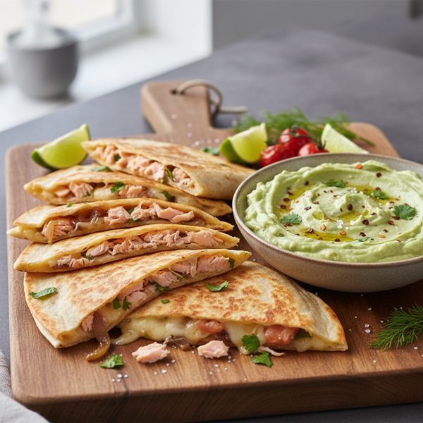 Gourmet Salmon Quesadillas with Creamy Avocado Dip recipe