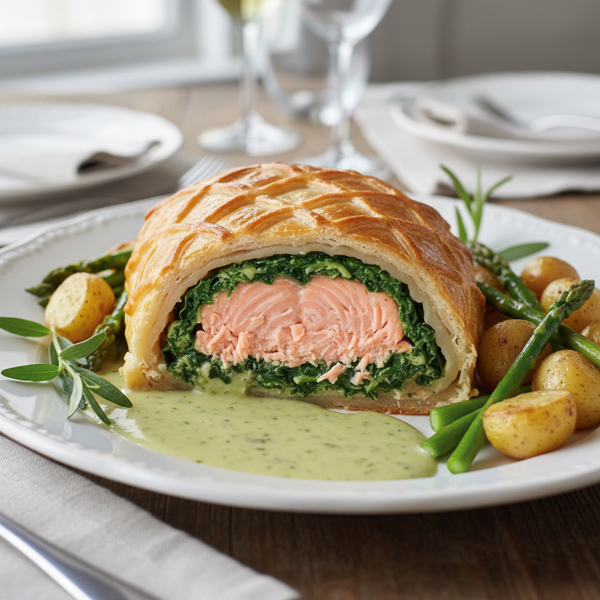 Gourmet Salmon Wellington with Tarragon Butter Sauce recipe