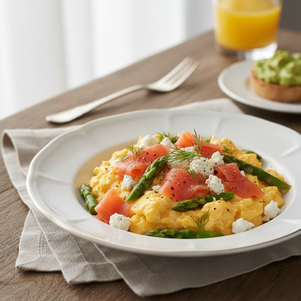 Gourmet Scrambled Eggs with Smoked Salmon, Asparagus, and Feta recipe