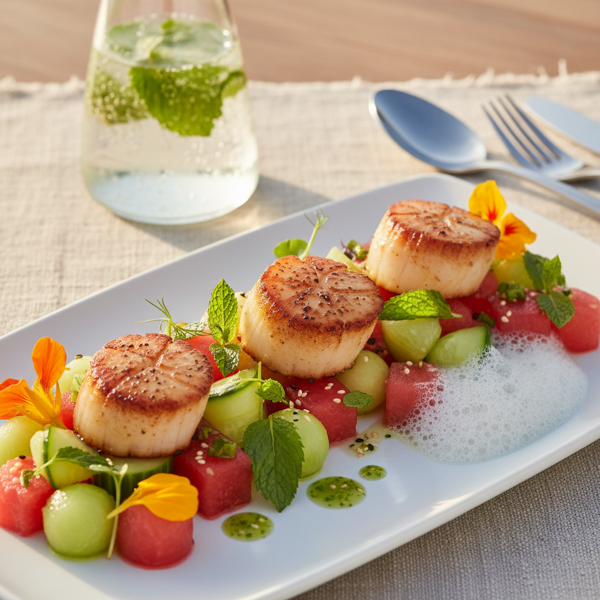 Gourmet Seared Scallop and Watermelon Salad with Sparkling Mint Infusion recipe