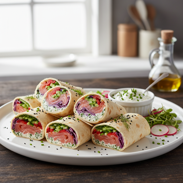 Gourmet Smoked Salmon Lavash Wraps with Horseradish Cream and Crisp Veggies recipe