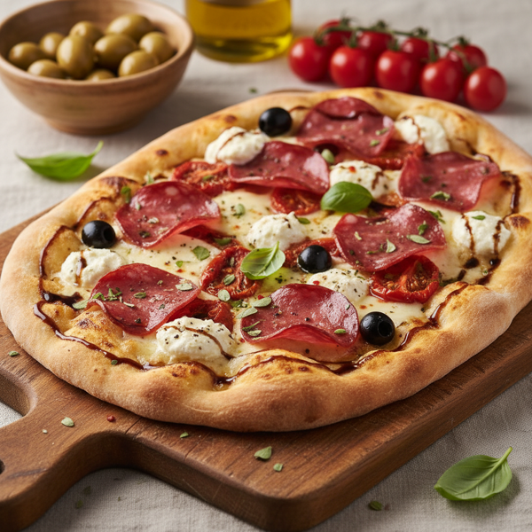 Gourmet Soppressata, Tomato, and Olive Flatbread recipe