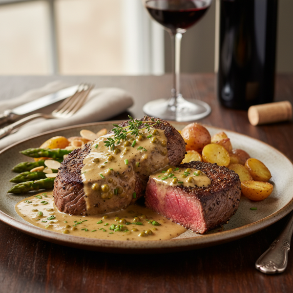 Gourmet Steak au Poivre with Creamy Green Peppercorn Sauce recipe