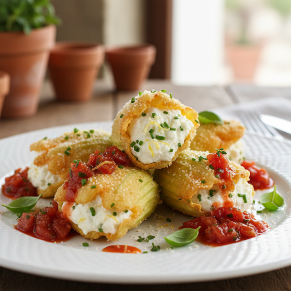 Gourmet Stuffed Zucchini Blossoms with Herbed Tomato Vinaigrette recipe
