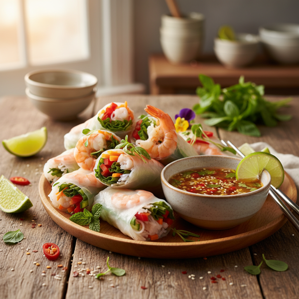 Gourmet Vietnamese Shrimp and Vegetable Spring Rolls with Zesty Dipping Sauce recipe