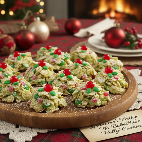 Grandma's Festive No-Bake Holly Cookies recipe