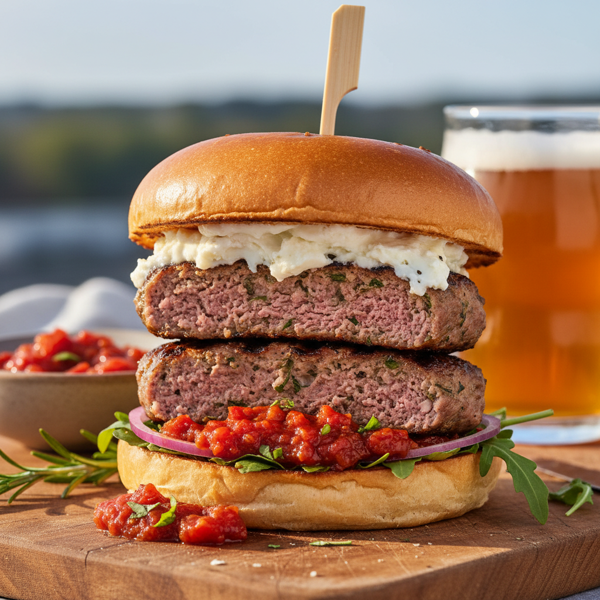 Grilled Aussie Lamb Burgers with Creamy Goat Cheese and Zesty Tomato Relish recipe