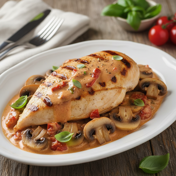 Grilled Chicken Rosa with Mushroom Basil Sauce recipe