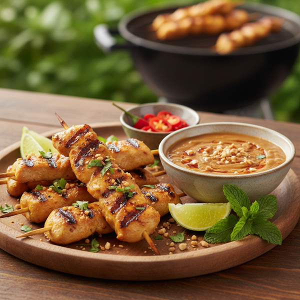 Grilled Chicken Satay Skewers with Creamy Spicy Peanut Sauce recipe