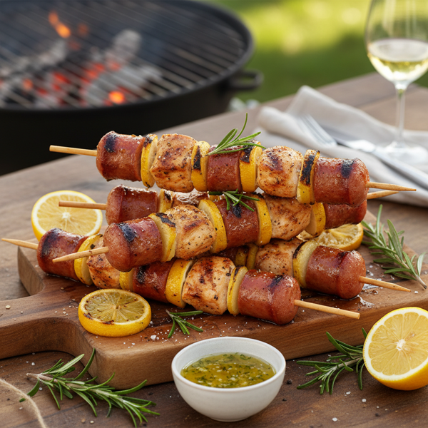 Grilled Chicken & Italian Sausage Skewers with Lemon and Rosemary recipe