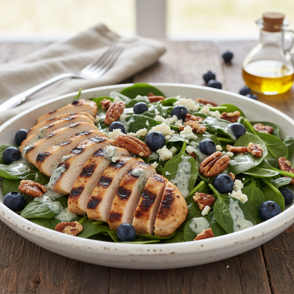 Grilled Chicken and Blueberry Spinach Salad with Candied Pecans and Blue Cheese Dressing recipe