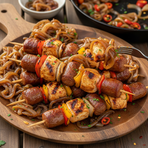 Grilled Chicken and Sausage Skewers with Caramelized Onions recipe