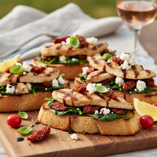 Grilled Chicken and Spinach Sun-Dried Tomato Bruschetta recipe