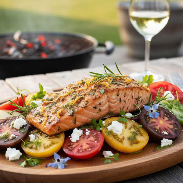 Grilled Citrus-Herb Salmon with Heirloom Tomato and Goat Cheese recipe