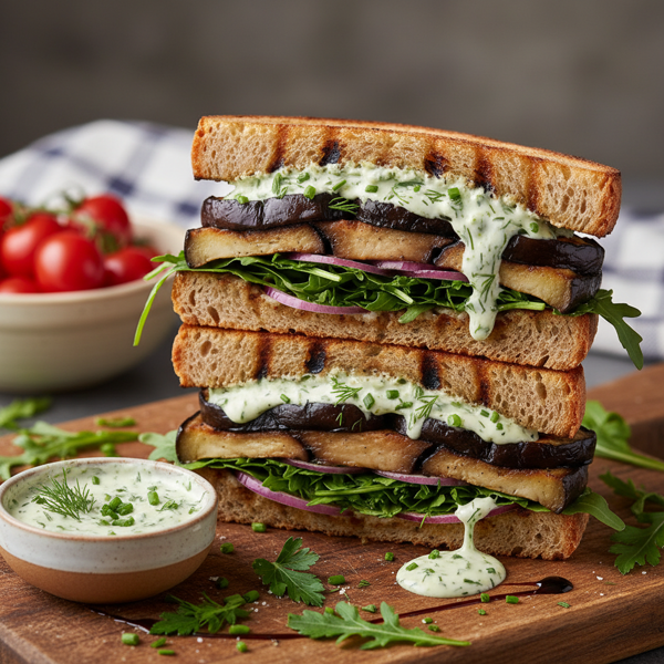 Grilled Eggplant and Balsamic Portobello Sandwiches with Herb Aioli recipe