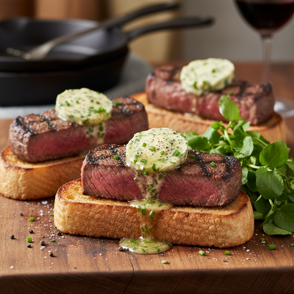 Grilled Filet Mignon Toast with Herb-Infused Butter and Watercress recipe