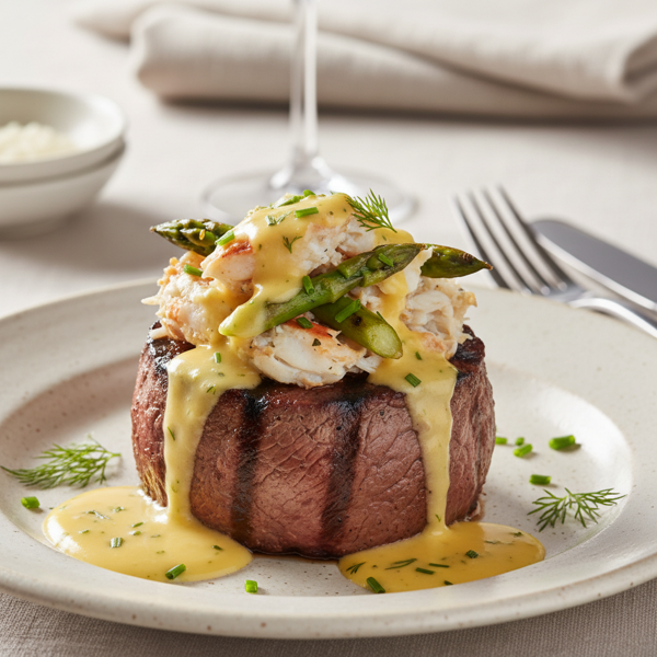 Grilled Filet Oscar with Crab & Asparagus recipe