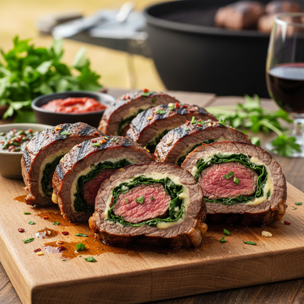 Grilled Flank Steak Pinwheels with Spinach and Cheese recipe