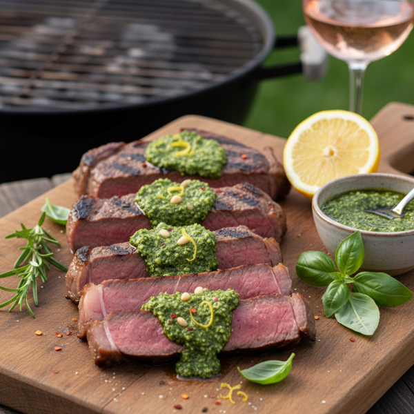 Grilled Flat Iron Steaks with Zesty Lemon-Basil Pesto recipe