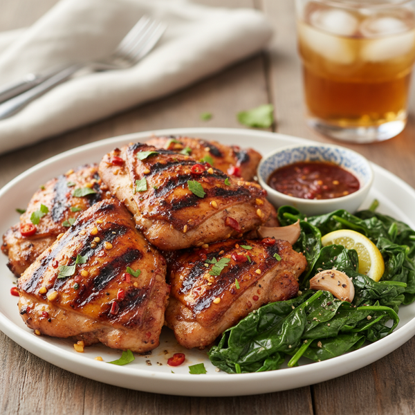 Grilled Garlic Chili Chicken Thighs with Wilted Spinach recipe