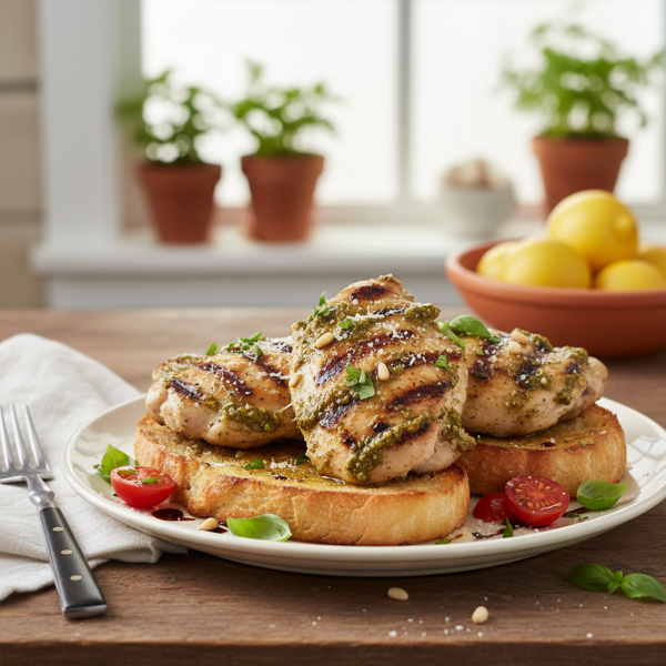 Grilled Garlic Pesto Chicken Thighs on Italian Toast recipe