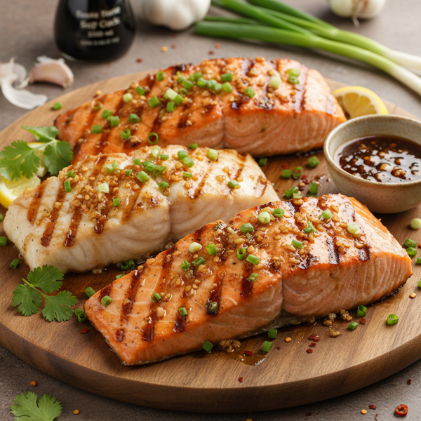 Grilled Glazed Halibut or Salmon Steaks with Garlic Soy Glaze recipe