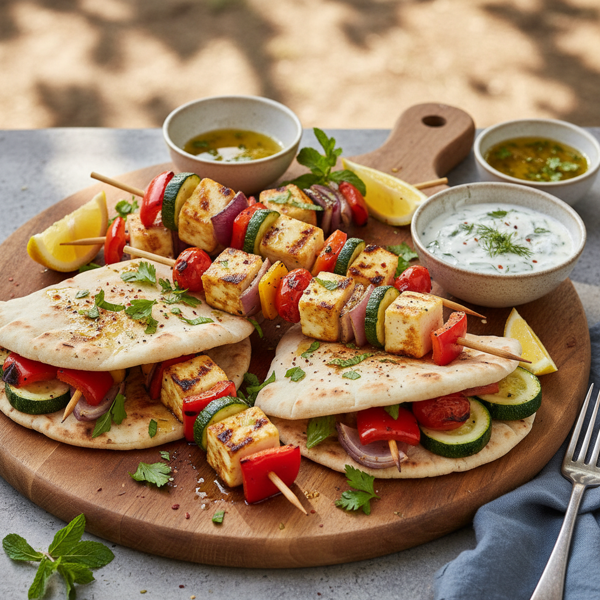 Grilled Halloumi and Veggie Pita Kebabs recipe