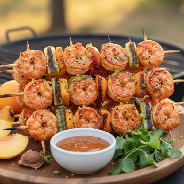 Grilled Korean BBQ Shrimp Skewers with Sweet Asian Peach Marinade recipe
