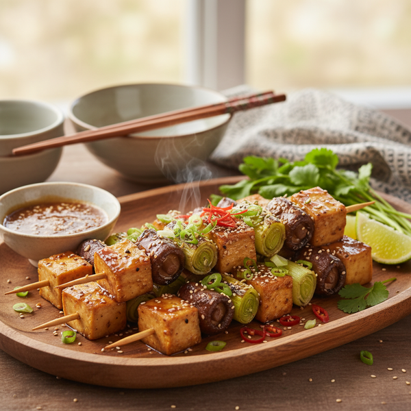 Grilled Korean Tofu & Leek Skewers with Sesame Glaze recipe