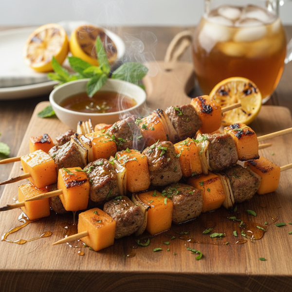 Grilled Lamb and Cantaloupe Skewers with Refreshing Mint Honey Glaze recipe