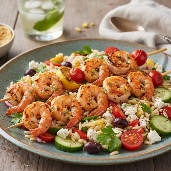 Grilled Lemon-Dill Shrimp with Mediterranean Orzo Salad recipe