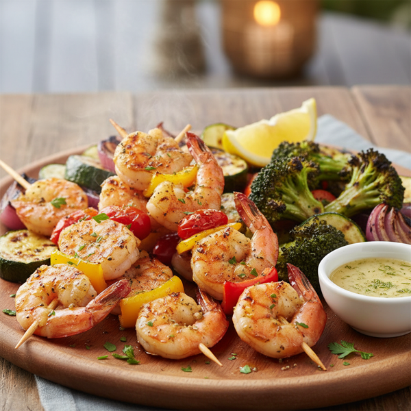 Grilled Lemon Herb Shrimp Skewers with Charred Veggies recipe