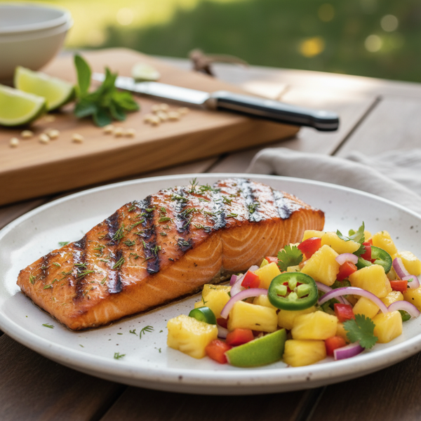 Grilled Maple-Glazed Salmon with Tropical Pineapple Salsa recipe