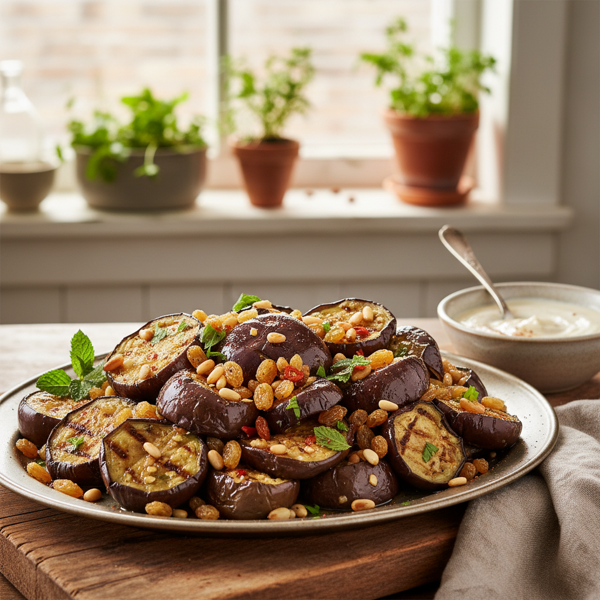Grilled Marinated Baby Eggplants with Pine Nuts and Golden Raisins recipe