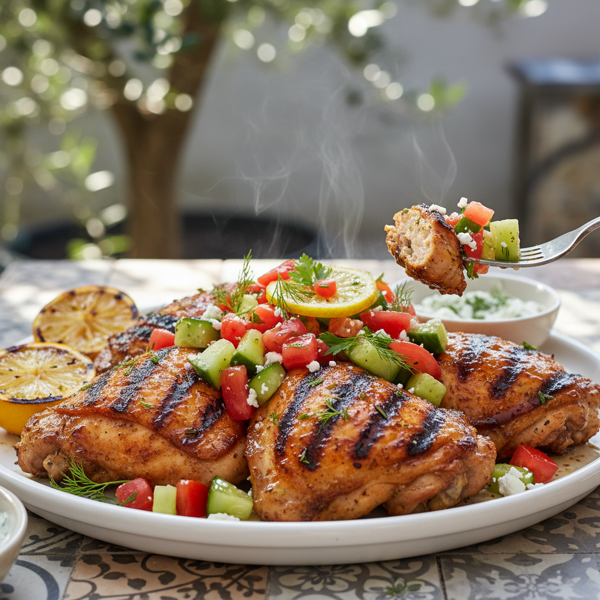 Grilled Mediterranean Chicken Thighs with Fresh Cucumber-Tomato Relish recipe
