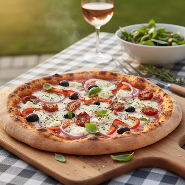 Grilled Mediterranean Delight Pizza with Goat Cheese recipe