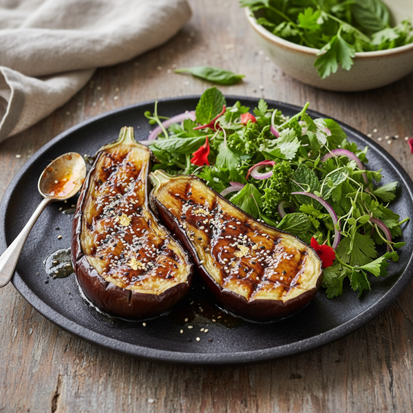Grilled Miso-Glazed Japanese Eggplant with Fresh Herb Salad recipe