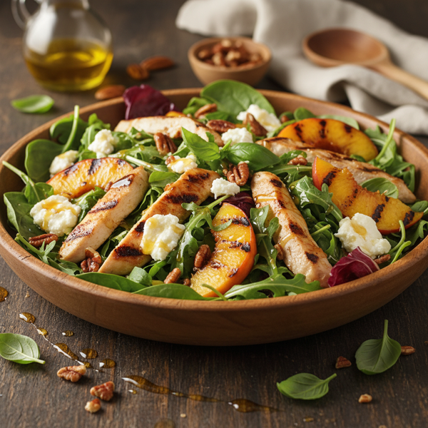 Grilled Peach & Chicken Salad with Creamy Goat Cheese and Honey Vinaigrette recipe