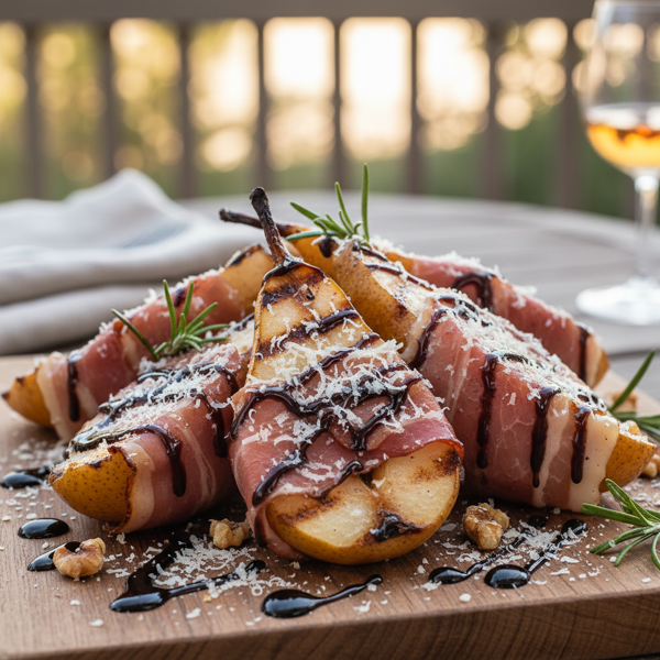 Grilled Pears Wrapped in Prosciutto with Parmesan and Balsamic Drizzle recipe