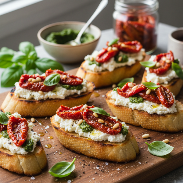 Grilled Pesto & Ricotta Bruschetta Bites with Sun-Dried Tomatoes recipe