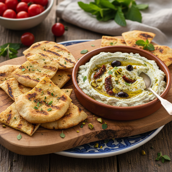 Grilled Pita Chips with Mediterranean Goat Cheese Spread recipe