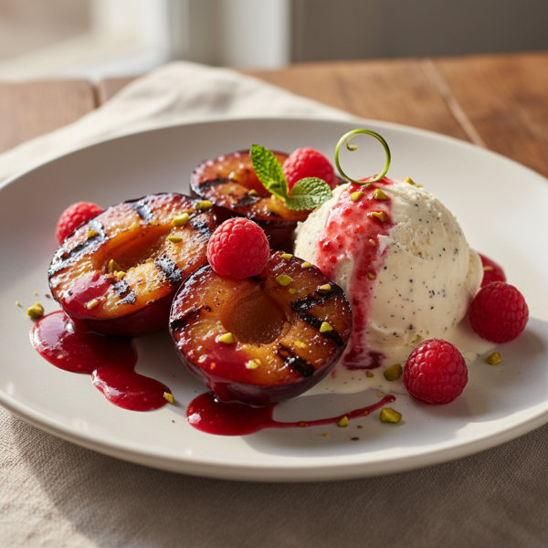 Grilled Plums with Raspberry Balsamic Glaze and Vanilla Ice Cream recipe