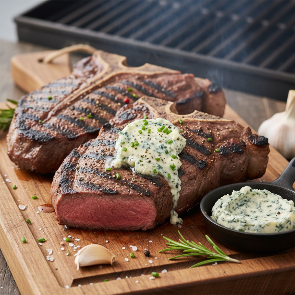 Grilled Porterhouse Steaks with Savory Blue Cheese Butter recipe