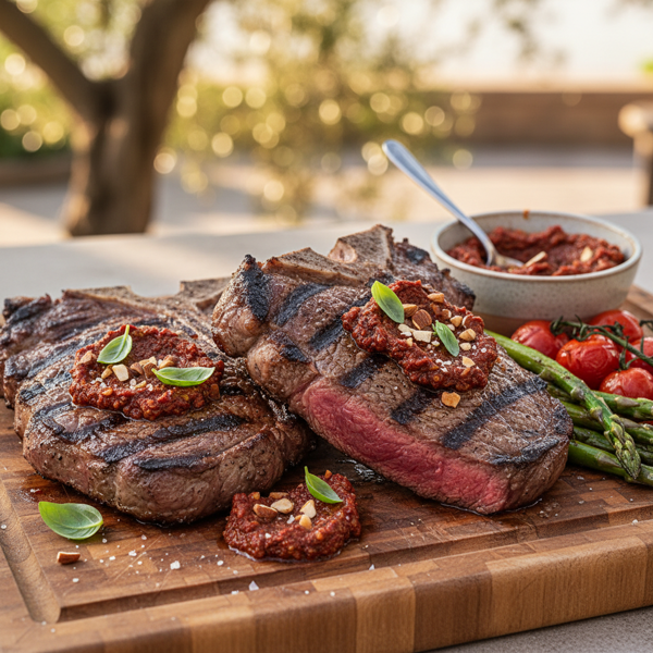 Grilled Porterhouse Steaks with Savory Sun-Dried Tomato Pesto recipe