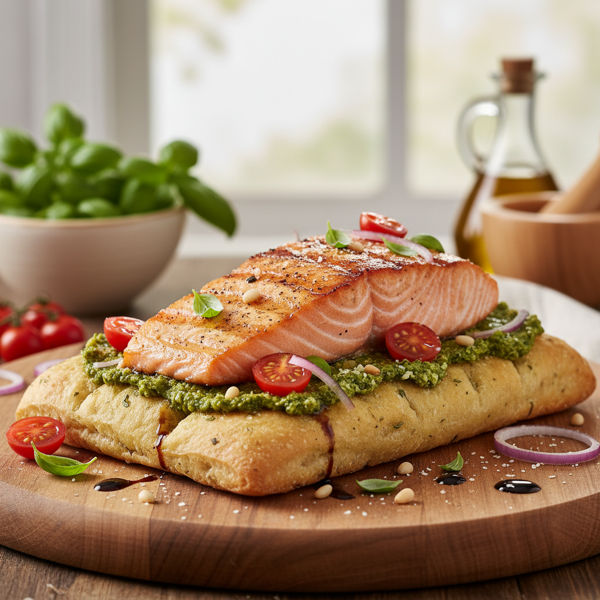 Grilled Salmon Pesto Focaccia Delight recipe