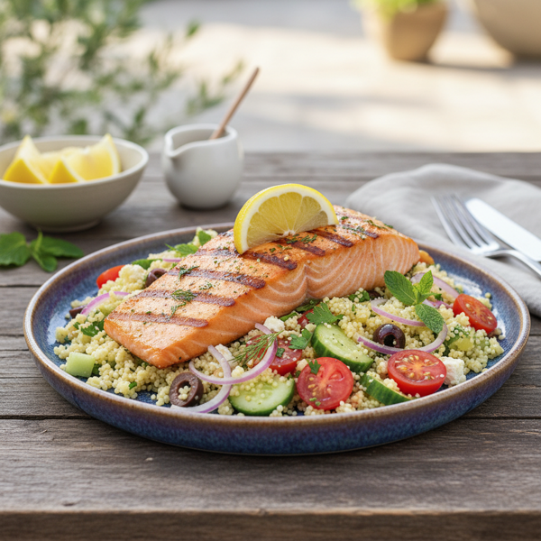 Grilled Salmon with Mediterranean Couscous Salad recipe