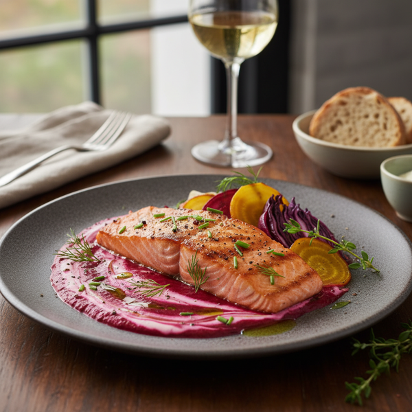Grilled Salmon with Vibrant Beet Borscht Sauce recipe