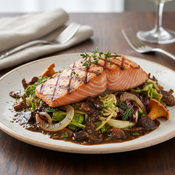 Grilled Scottish Salmon on Sautéed Cabbage with Savory Mushroom Vinaigrette recipe